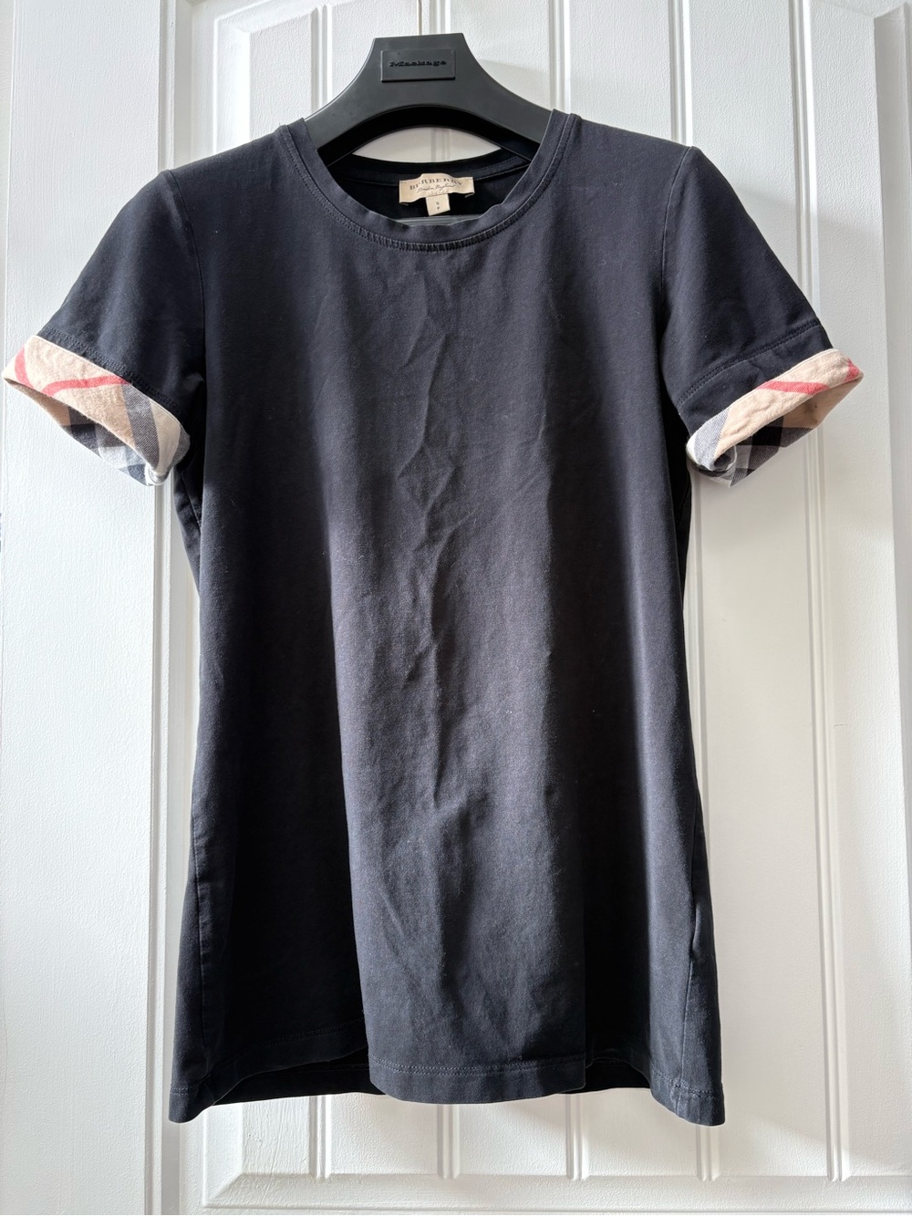 Burberry Women Black Short Sleeve Tee with Signature Check Cuffs